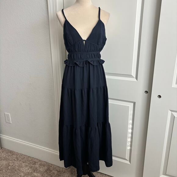 En Saison Milkmaid Smocked Midi Sundress Dress Babydoll Navy Blue Tiered Gauze L - Picture 2 of 13